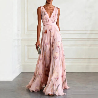 Polyester Print Sleeveless V-Neck Long Dress For Women