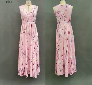 Polyester Print Sleeveless V-Neck Long Dress For Women