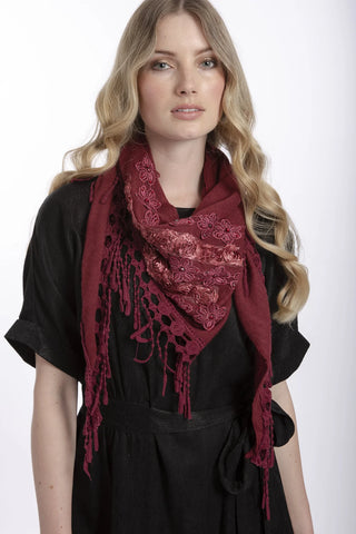 JAYLEY Luxury red fine knitted scarf with roses