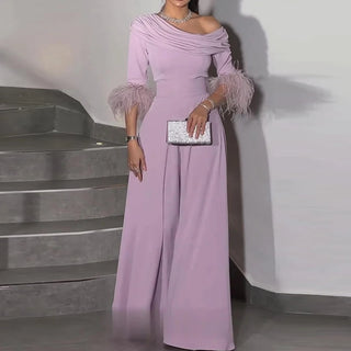 Slash Collar Patchwork Feathered High Waisted Wide Leg Jumpsuit