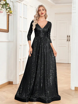 Luxury V Neck Long Sleeves Blue Sequins Formal Evening maxi Dress
