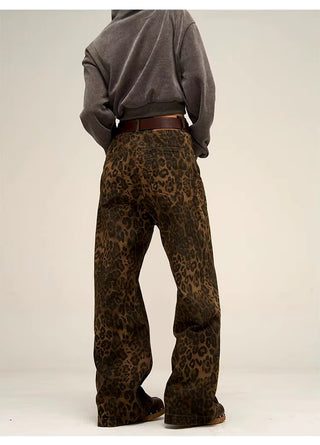 Vintage Leopard Print Loose Fit Wide Leg Jeans