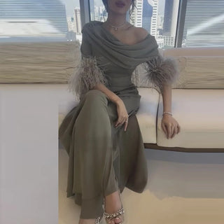 Slash Collar Patchwork Feathered High Waisted Wide Leg Jumpsuit