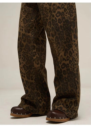 Vintage Leopard Print Loose Fit Wide Leg Jeans