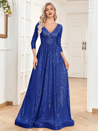Luxury V Neck Long Sleeves Blue Sequins Formal Evening maxi Dress