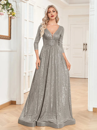 Luxury V Neck Long Sleeves Blue Sequins Formal Evening maxi Dress