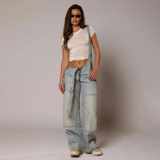 Y2K Loose Denim Overalls with Pockets and Zipper