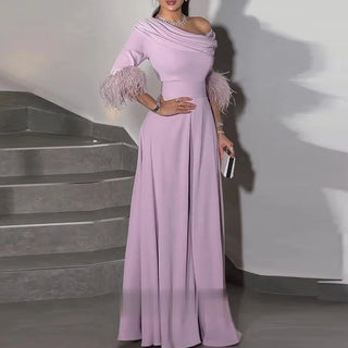 Slash Collar Patchwork Feathered High Waisted Wide Leg Jumpsuit