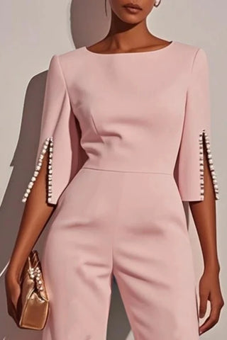 High Waist Casual Beaded half Sleeve Round Neck Straight Jumpsuit