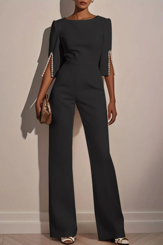 High Waist Casual Beaded half Sleeve Round Neck Straight Jumpsuit