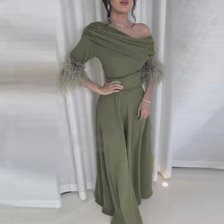 Slash Collar Patchwork Feathered High Waisted Wide Leg Jumpsuit