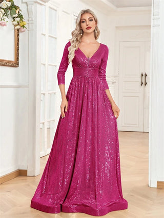 Luxury V Neck Long Sleeves Blue Sequins Formal Evening maxi Dress