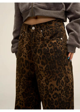 Vintage Leopard Print Loose Fit Wide Leg Jeans