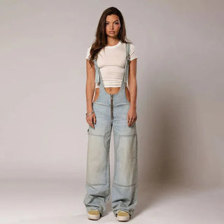 Y2K Loose Denim Overalls with Pockets and Zipper