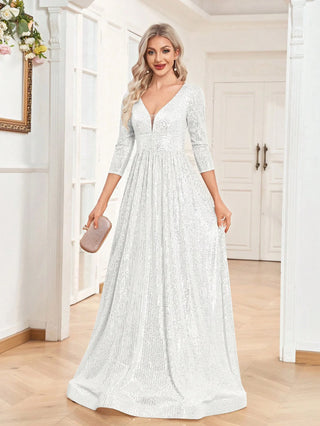 Luxury V Neck Long Sleeves Blue Sequins Formal Evening maxi Dress