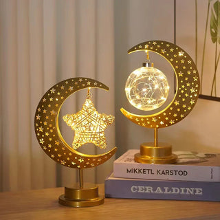 Ramadan Decoration LED Iron Moon Lamp Star Hollow Metal Bedroom Table Lamps Night Light Muslim Crescent