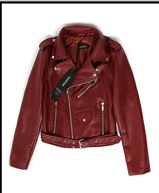 Red leather jacket with a brand label on a white background