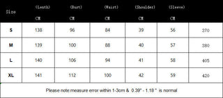 A size measurement chart table showing garment measurements in Chinese for sizes S, M, L, and XL, with columns for Size, Length, Bust, Waist, Shoulder, Sleeve, and weight per packaged item.
