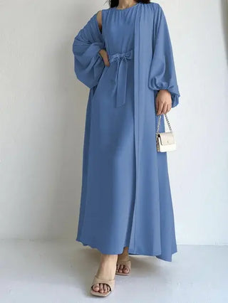 Elegant Solid Two-piece Set long modest Dress