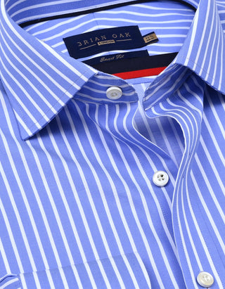 Close-up of a blue and white striped shirt with a brand label.