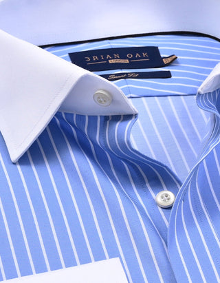 Blue and white striped dress shirt with a close-up of the collar and buttons, branded 'Brian Oak'.