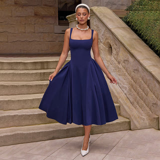 Solid Color Strap Square Collar Backless Zipper Dress