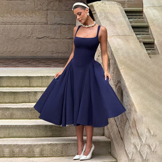 Solid Color Strap Square Collar Backless Zipper Dress