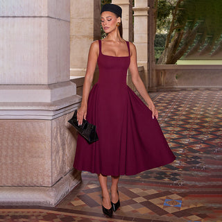 Solid Color Strap Square Collar Backless Zipper Dress