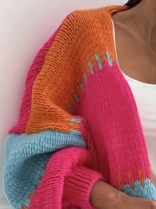 Contrasting Color Splicing Knitted Cardigan V Neck Lantern Sleeve Casual Sweater