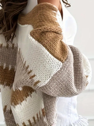 Contrasting Color Splicing Knitted Cardigan V Neck Lantern Sleeve Casual Sweater
