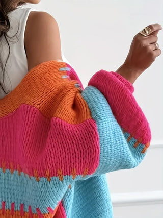 Contrasting Color Splicing Knitted Cardigan V Neck Lantern Sleeve Casual Sweater