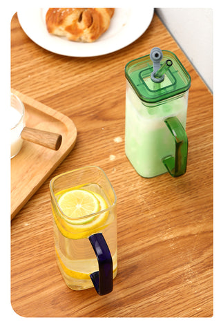 Square Glass Cup With Color Handle lid and straw