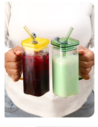 Square Glass Cup With Color Handle lid and straw