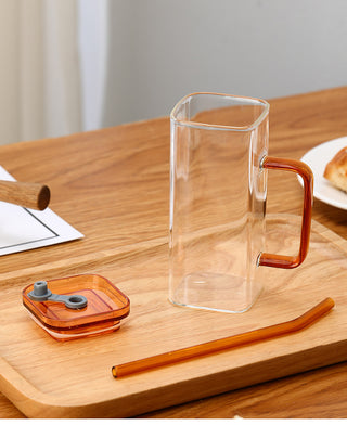 Square Glass Cup With Color Handle lid and straw