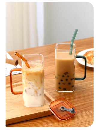 Square Glass Cup With Color Handle lid and straw