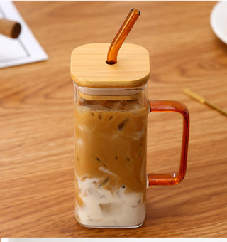 Square Glass Cup With Color Handle lid and straw