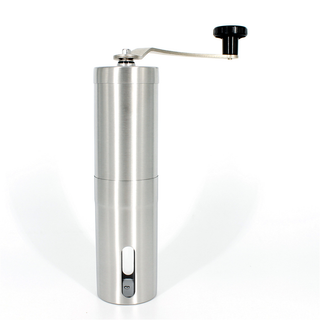 Stainless steel manual coffee grinder on a white background