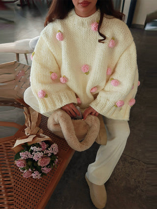 Knitted Three-Dimensional Rose Loose Pullover cardigan