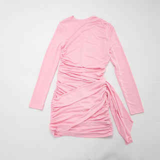 Tight-Fitting Pleated Ribbon Long-Sleeved Hip-Hugging Dress
