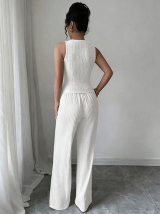 Two-Piece Sleeveless Round Neck Pleated Vest High-Waisted Wide-Leg Pants set