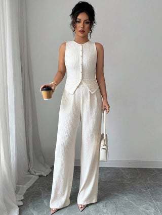 Two-Piece Sleeveless Round Neck Pleated Vest High-Waisted Wide-Leg Pants set