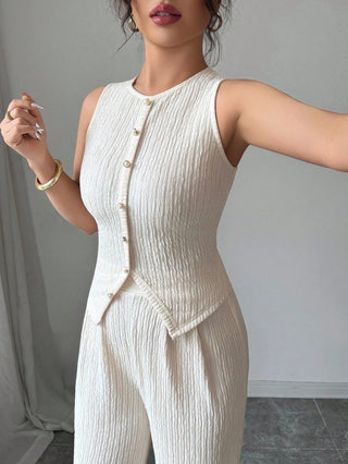 Two-Piece Sleeveless Round Neck Pleated Vest High-Waisted Wide-Leg Pants set