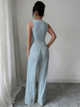 Two-Piece Sleeveless Round Neck Pleated Vest High-Waisted Wide-Leg Pants set