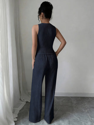 Two-Piece Sleeveless Round Neck Pleated Vest High-Waisted Wide-Leg Pants set