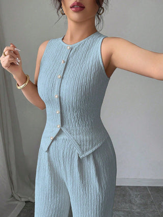 Two-Piece Sleeveless Round Neck Pleated Vest High-Waisted Wide-Leg Pants set