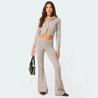 High-Waist Knit Hooded Set: Long-Sleeve Top & Trousers