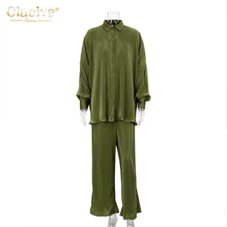 Women Two Piece loose fit Pleated shirt and trouser Set