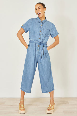 Yumi Blue Chambray Light Denim Button Jumpsuit