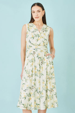 Yumi White Floral Print Mesh Stretch Midi Dress With Pockets