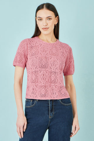 Yumi Pink Cotton Crochet Knitted Top